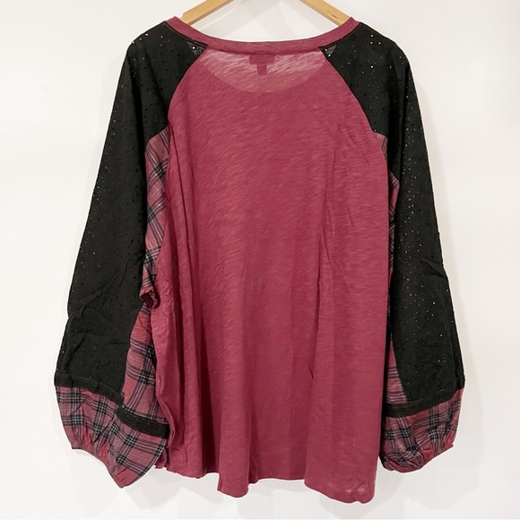 Torrid Cotton Modal Slub Crew Neck Raglan Eyelet Inset Print Mix Top Plaid - Picture 5 of 8